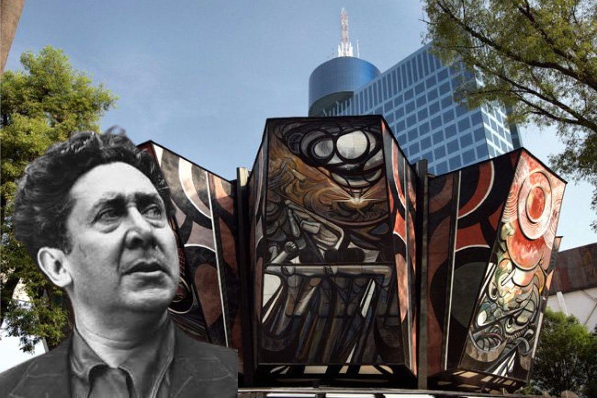 De fondo el Polyforum Siqueiros y David Alfaro Siqueiros. Foto: Facebook Polyforum Siqueiros l Canva