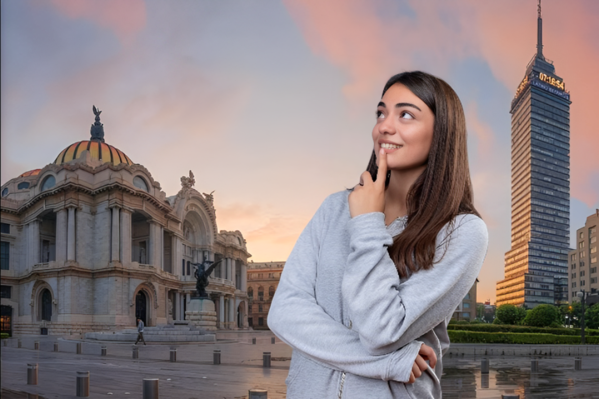 Mujer pensando frente al Palacio de Bellas Artes y la Torre Latino en CDMX.     Foto: Google Maps (Elio Guzman) | Freepik | Canva