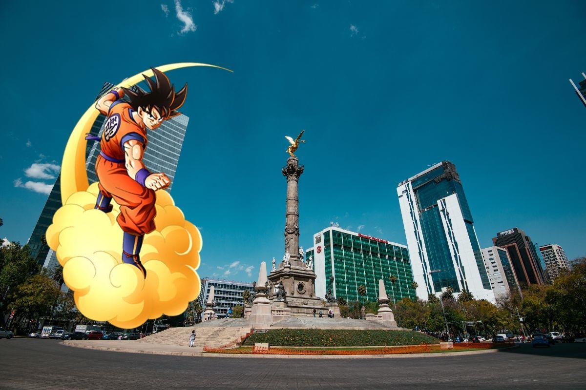 Ilustración de Dragon Ball frente al Ángel de la Independencia de CDMX.   Foto: Nintendo | Canva