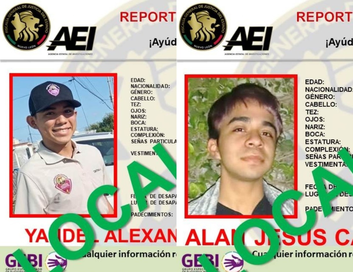 Alan Jesús Carreón González y Yandel Alexander Meza Martínez, fueron localizados tras haber sido reportado como desaparecidos. Foto: GEBI.