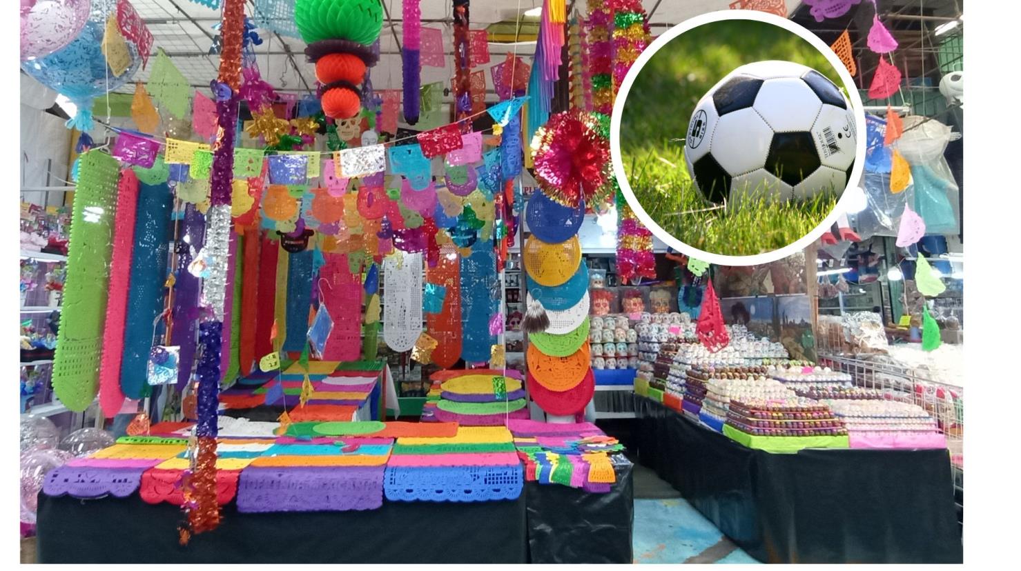 Mercado Público en CDMX, balón de futbol I Foto: Sandra Ortega I Canva