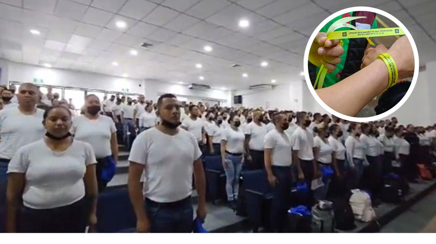 446 cadetes de la Policía Auxiliar tomando capacitación del programa Salvemos Vidas I Foto: Captura de pantalla X (@SSC_CDMX) I Canva