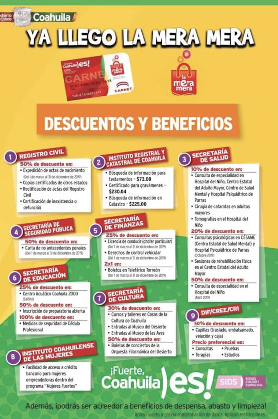 Secretarías con descuentos para usuarios de la Tarjeta Mera Mera / Foto: Gobierno de Coahuila