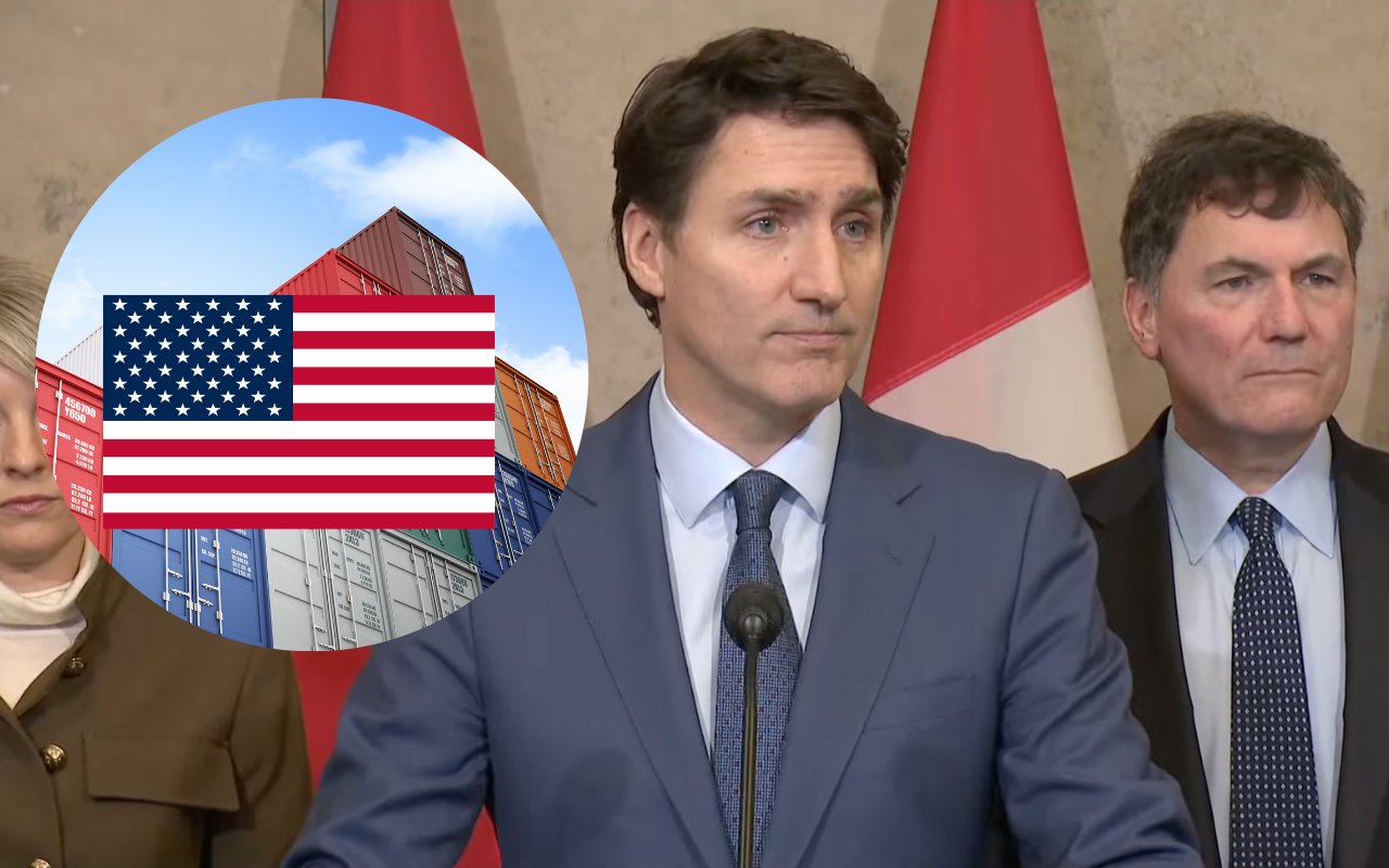 Justin Trudeau, contenedores de mercancias y bandera de EEUU. Foto: Canva / Captura de pantalla (YouTube/RTVE Noticias)