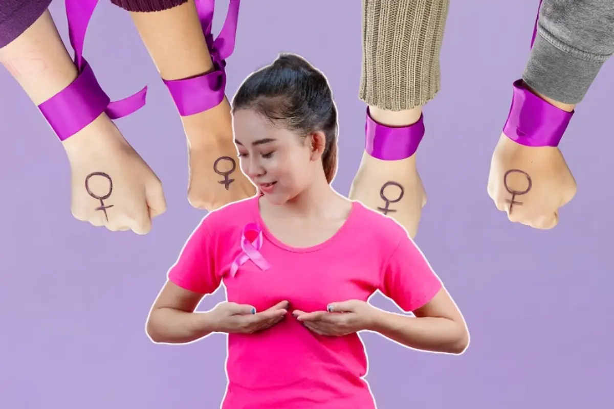 Puños de mujeres con elementos feministas sobre una mujer tocando sus pechos para realizar prevención de Cáncer de mamá.    Foto: Freepik | Canva