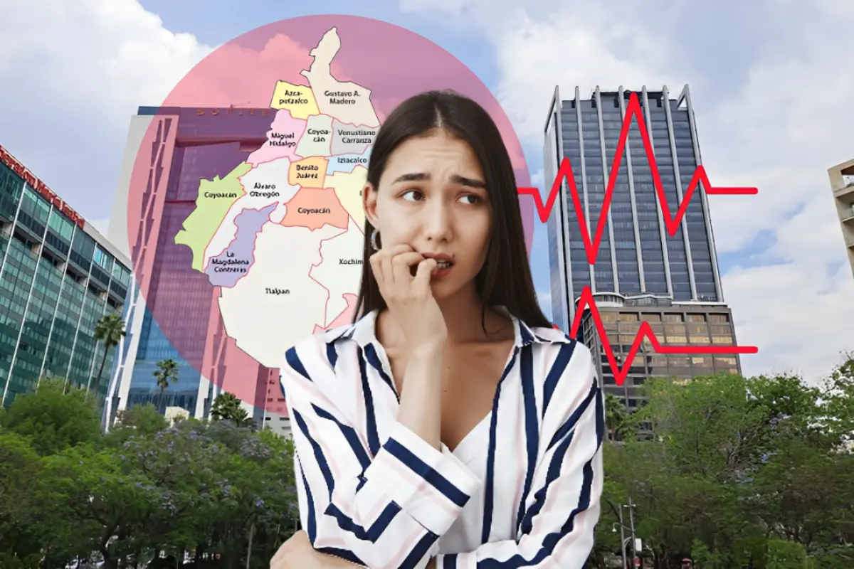 Mujer preocupada por la alerta sísmica al frente de un mapa de CDMX. Foto: Google Maps (CHARLIES ORTIZ) | Freepik | Canva | iStock