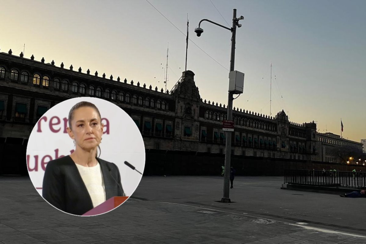 Claudia Sheinbaum, presidenta de México, frente a las vallas de Palacio Nacional.    Foto: Laura Ávila | Canva | Captura de pantalla X (@Claudiashein)