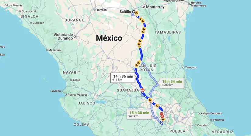 Mapa de ruta Saltillo - Cuernavaca / Foto: Google Maps