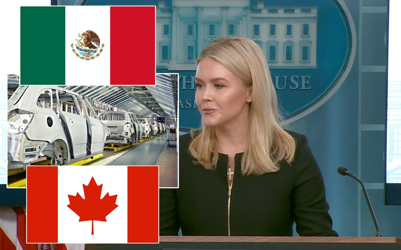 Karine Jean-Pierre, portavoz de la Casa Blanca, banderas de México y Canadá y armadora de autos. Foto: Canva / Captura de pantalla (YouTube/The White House)