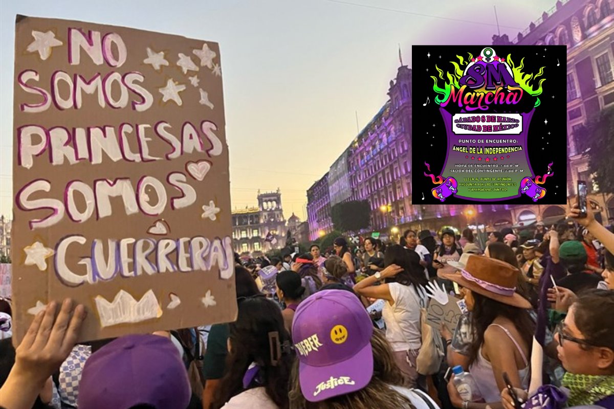 De fondo mujeres en marcha del 8M, cartel de contingente. Foto: Maureen Hernández | IG @pandillaverde