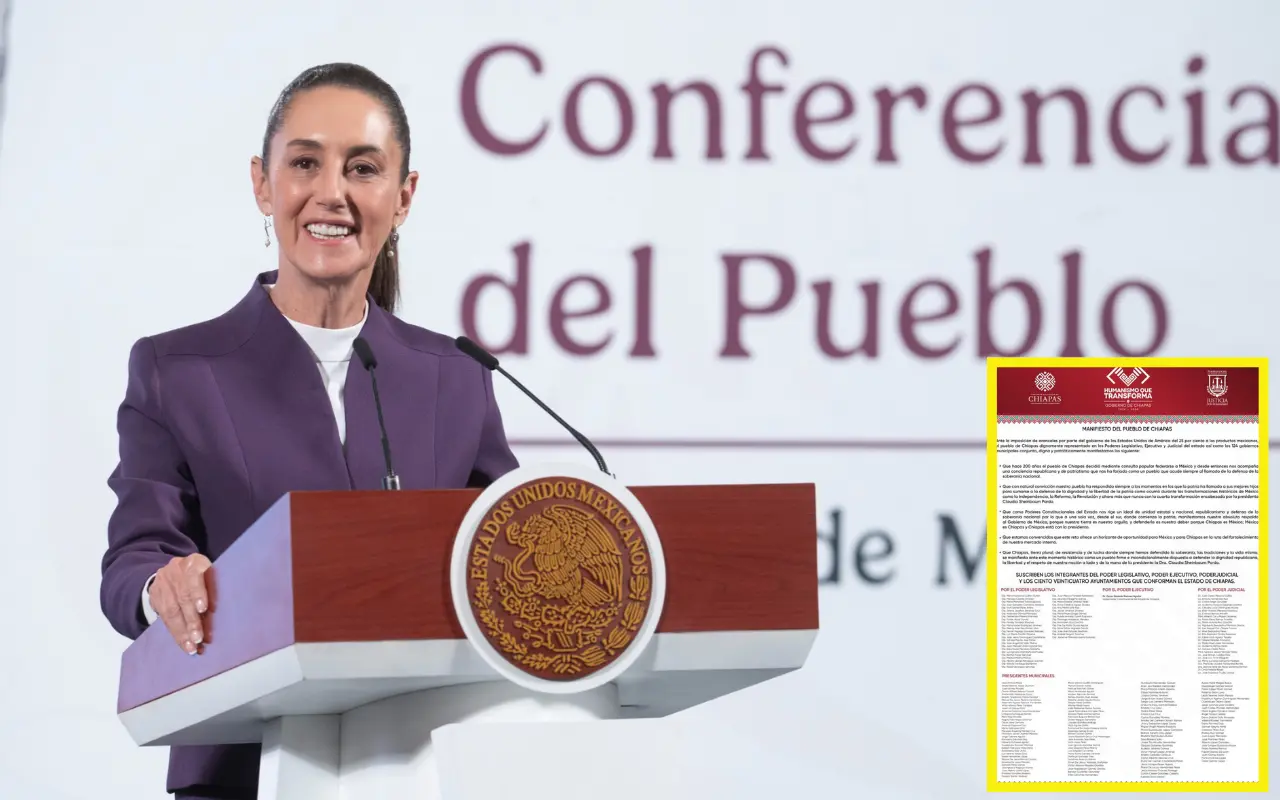 Autoridades estatales, municipales y diputados de Chiapas firmaron un manifiesto en apoyo a la presidenta Claudia Sheinbaum contra los aranceles de Donald Trump. Foto: Gob. de México | Gob. de Chiapas