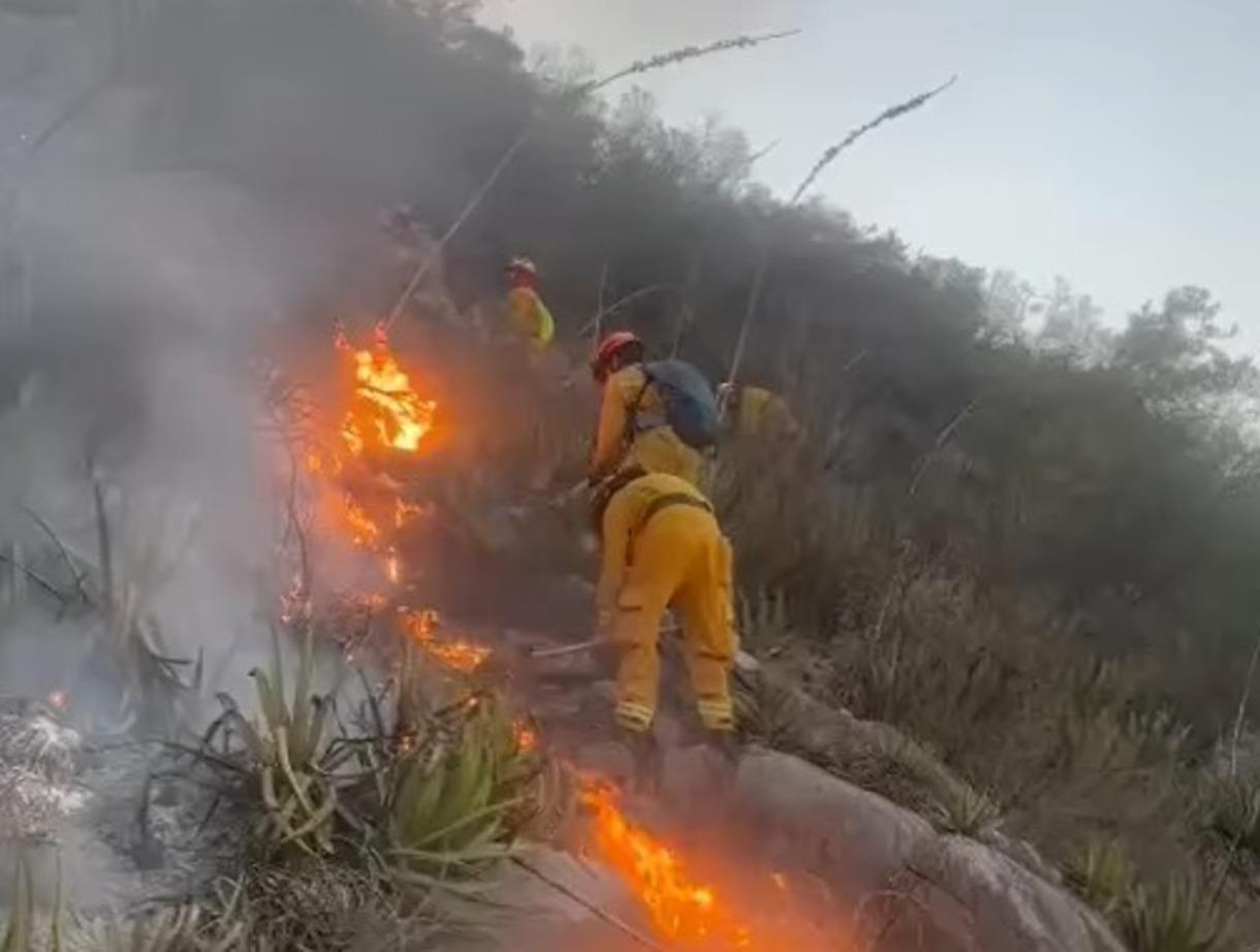 Elementos de Protección Civil de Nuevo León atendiendo el incendio forestal en el Cerro del Topo Chico. Foto: Protección Civil de Nuevo León.