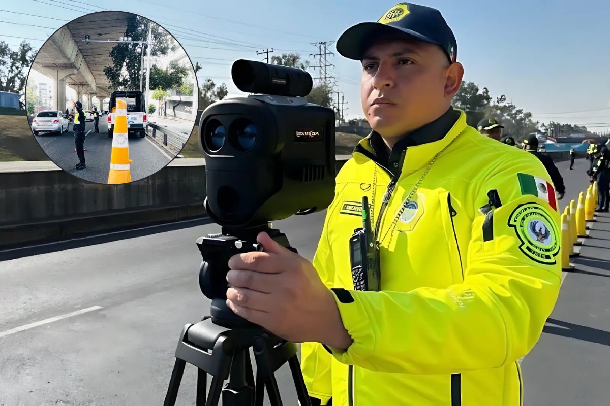 De fondo policía con radar de velocidad, persona en operativo en CDMX. Foto: SSC