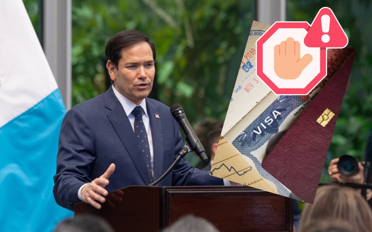 Marco Rubio, visa y signo de restricción. Foto: X (@SecRubio) / Canva