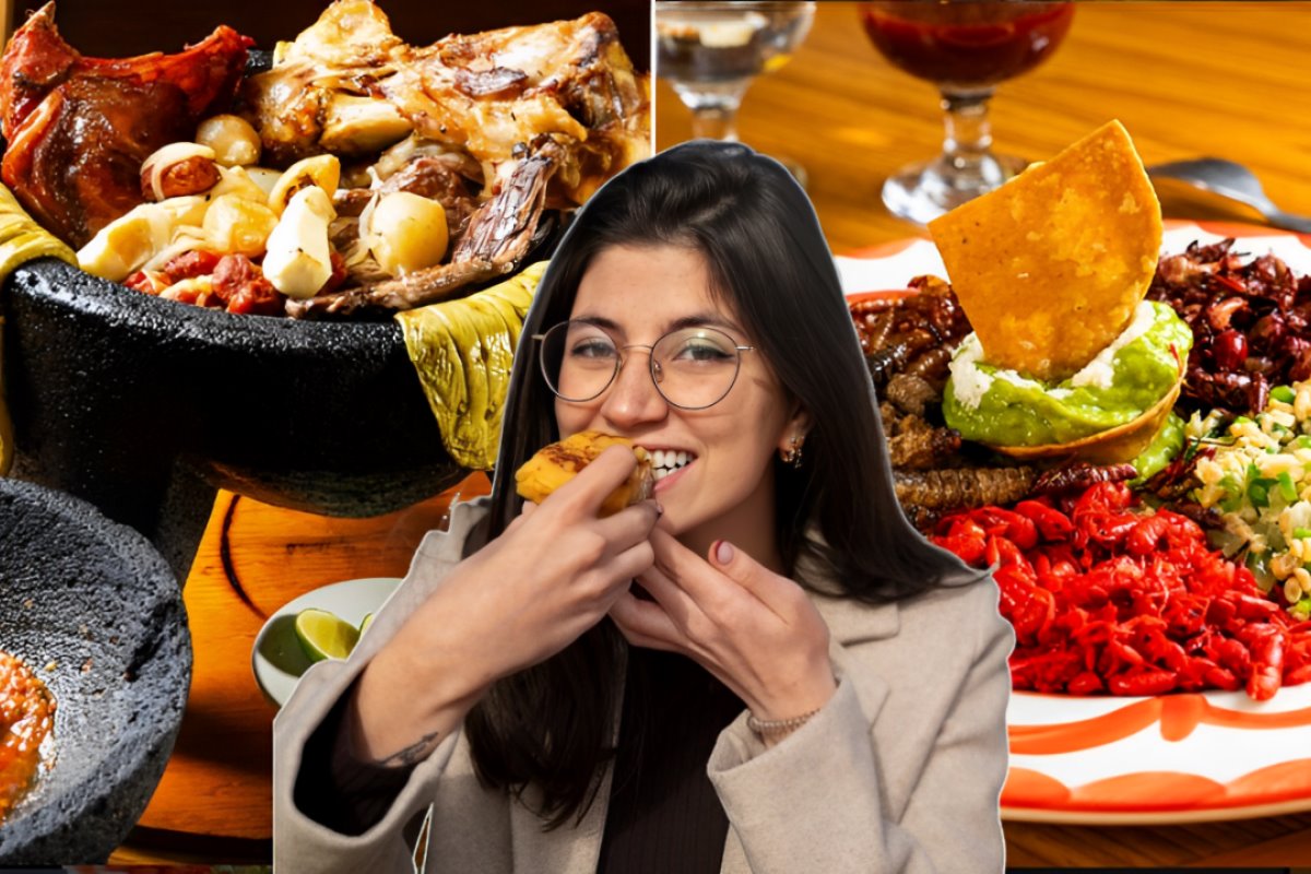 Mujer comiendo frente a platillos de comida prehispánica del Mesón del Molinero.    Foto: IG (mesondelmolinero) | Canva | Freepik