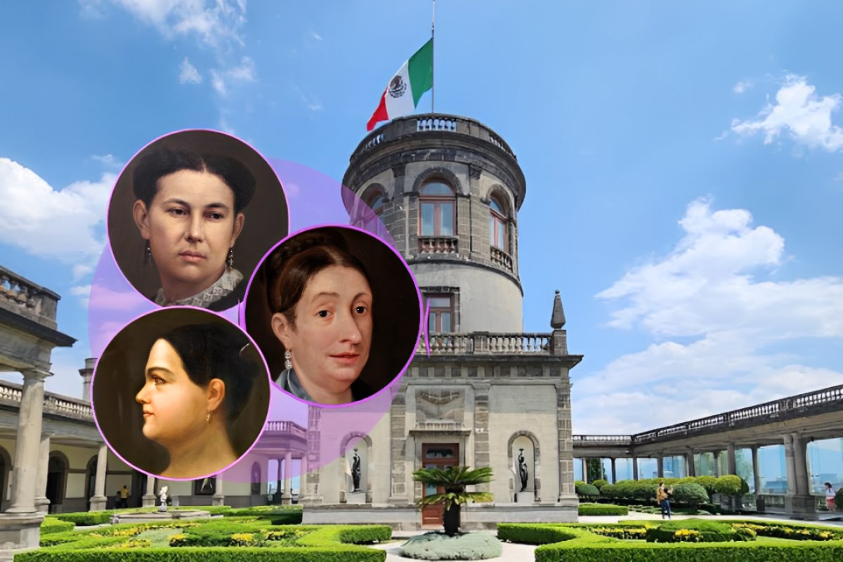 Ilustraciones de Josefa Ortiz de Domínguez, Leona Vicario y Margarita Maza, frente al Jardín Alcázar del Castillo de Chapultepec.   Foto: IG (museodehistoria) | Canva | Google Maps (Luis CruzRo)