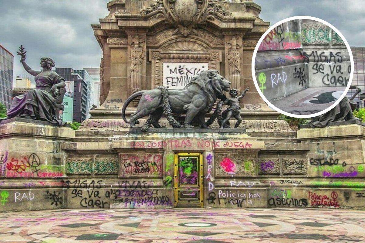 Monumentos de CDMX pintados en la marcha del 8M en CDMX.    Foto: Santiago Arau | Canva