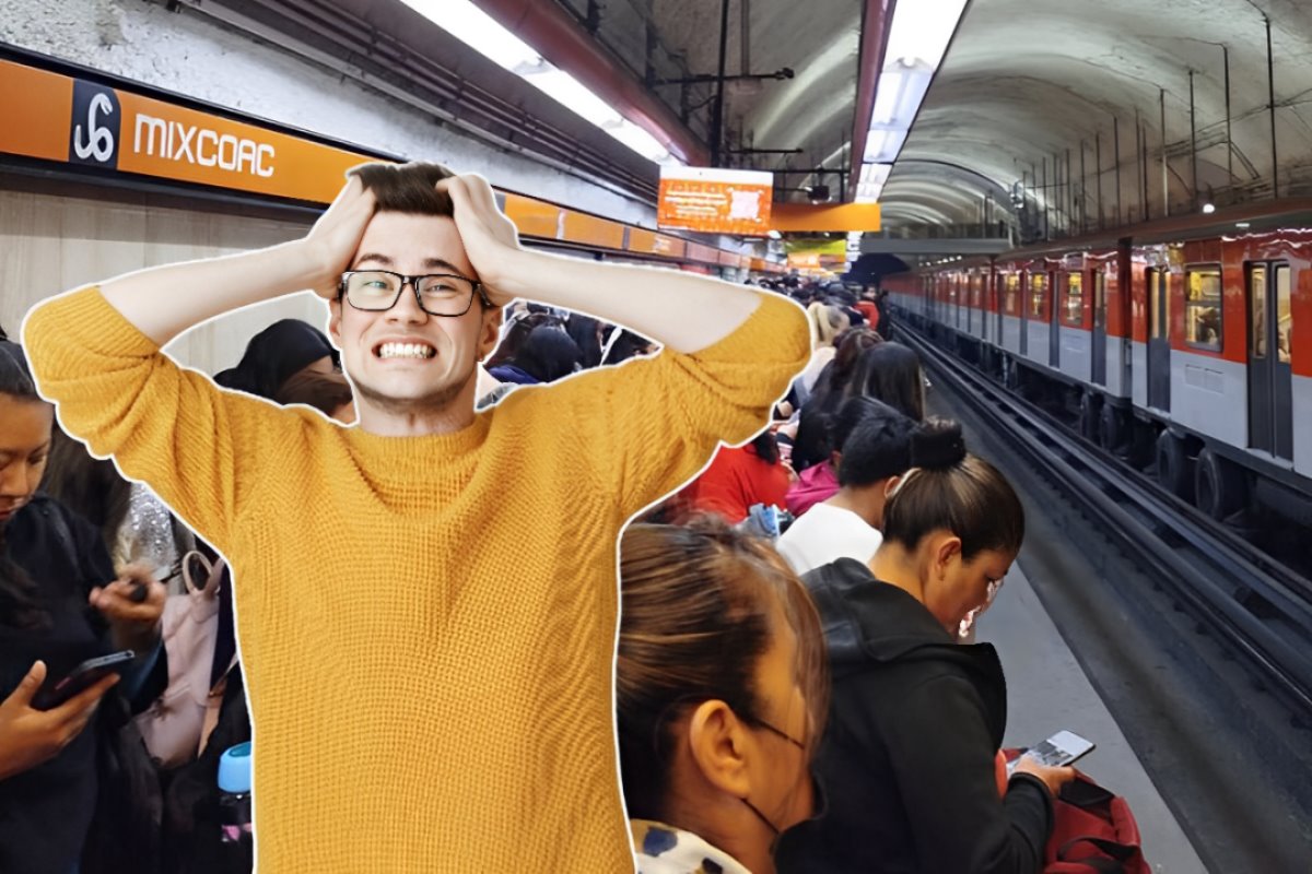 Personas tratando de subir al Metro de la Línea 7 y hombre estresado al frente.     Foto: X (@Gabb_21) | Freepik | Canva