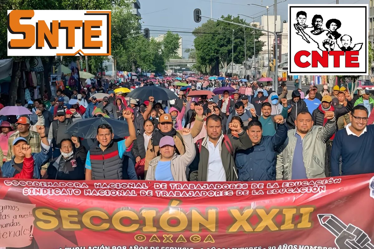 Maestros marchando, logo del SNTE y la CNTE. Foto: FB Cencos Sección Veintidós | Organización Comunista Revolucionaria | CNTE Michoacán