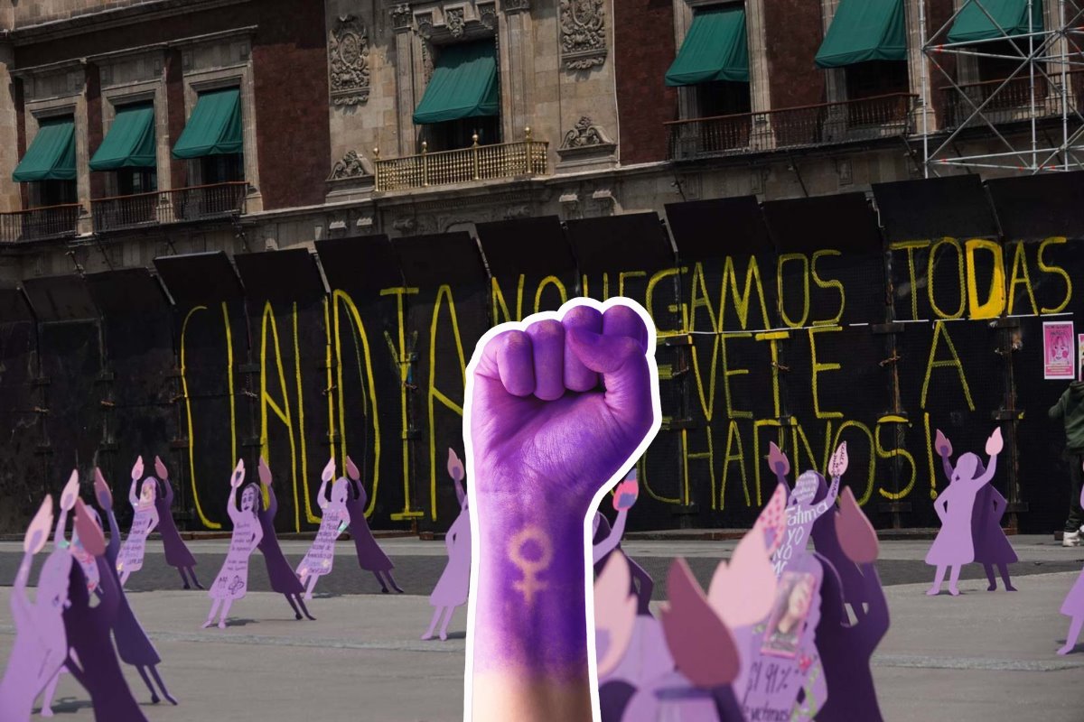 De fondo Zócalo en marcha del 8M, ilustración de mano de mujer. Foto: @DimeFred2 | Canva