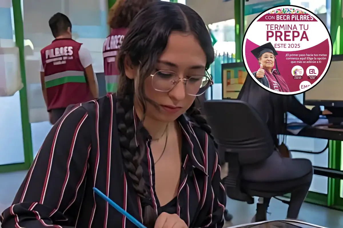 De fondo persona llenando formulario para Beca Pilares, cartel. Foto: Avisos Bienestar | X @avisosbienestar