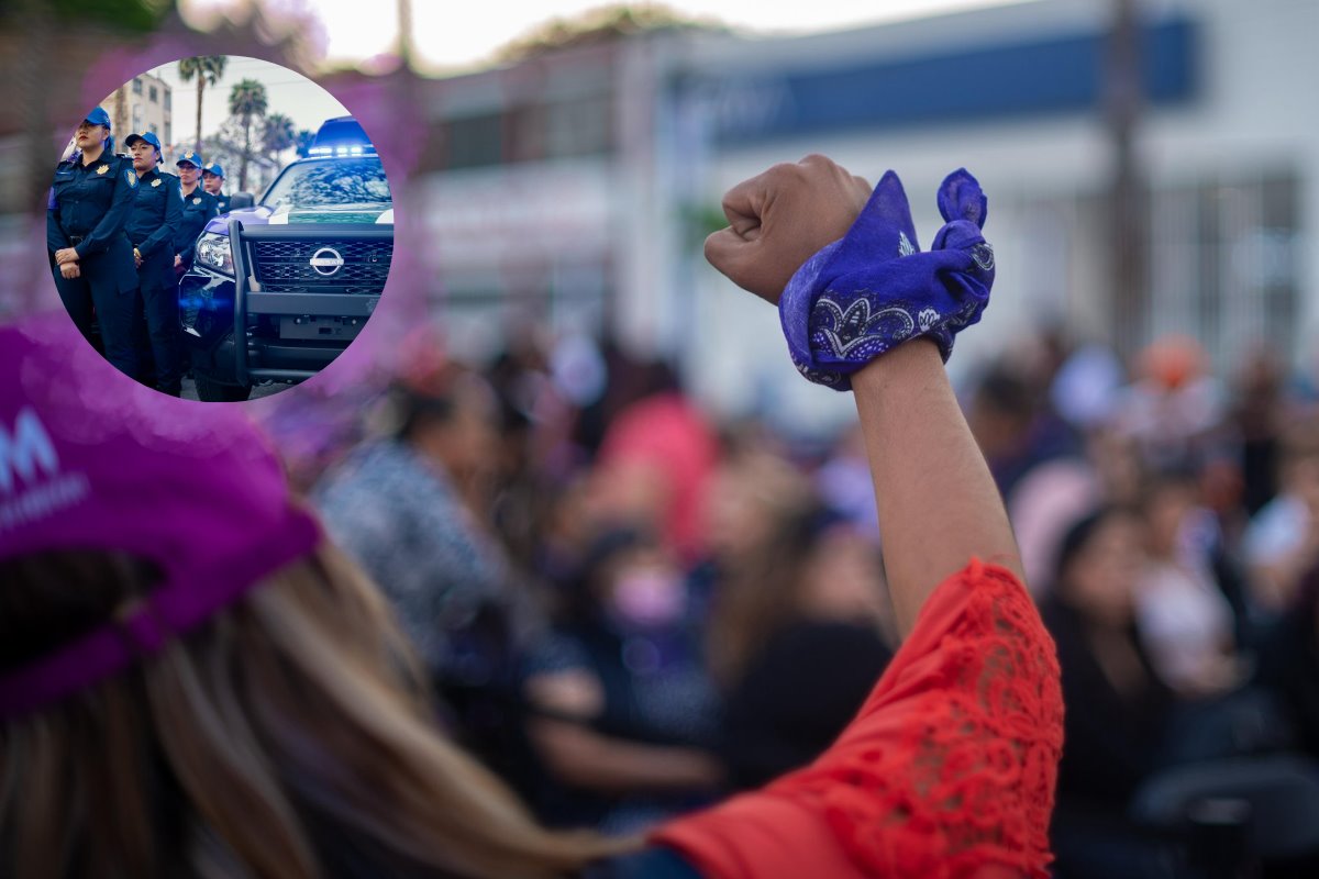 De fondo mujer con pañuelo, policías de GAM. Foto: X @yancolozano | Canva