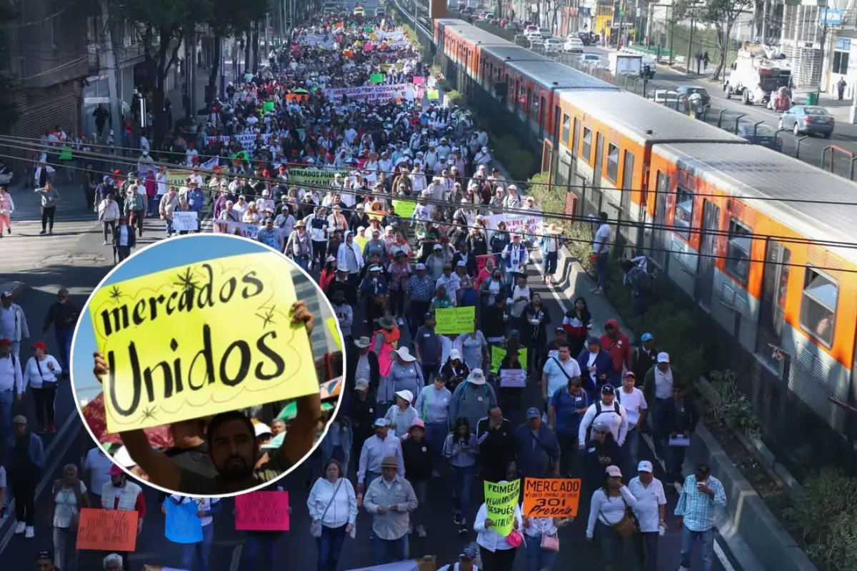 Comerciantes de mercados públicos manifestándose por lineamientos de regularización. Foto: X (@8xnia) | X (@PescaditosM) | Canva