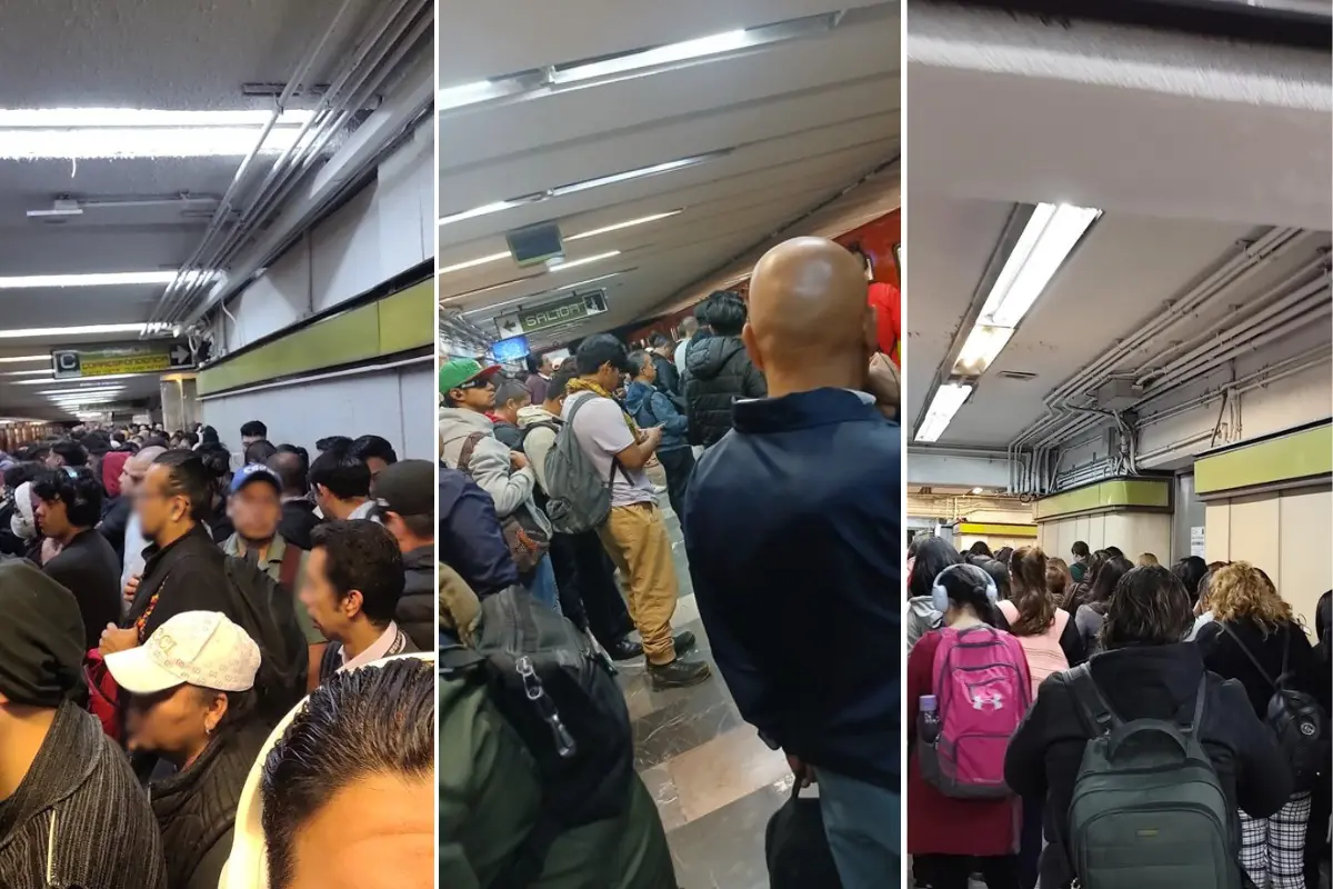 Personas esperando subir a un tren de la Línea 3 del Metro de CDMX. Foto: X (@gazano_natasha) | X (@BAMBAM569) | X (@AdrianR3dfox) | Canva
