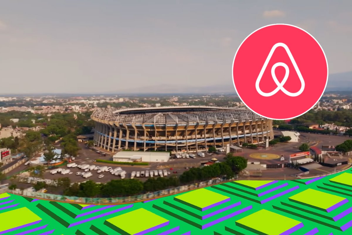 Estadio Azteca de la CDMX con los colores oficiales del Mundial de Futbol 2026 y el logo de Airbnb en la parte superior derecha.   Foto: Captura de pantalla (FIFA) | Canva