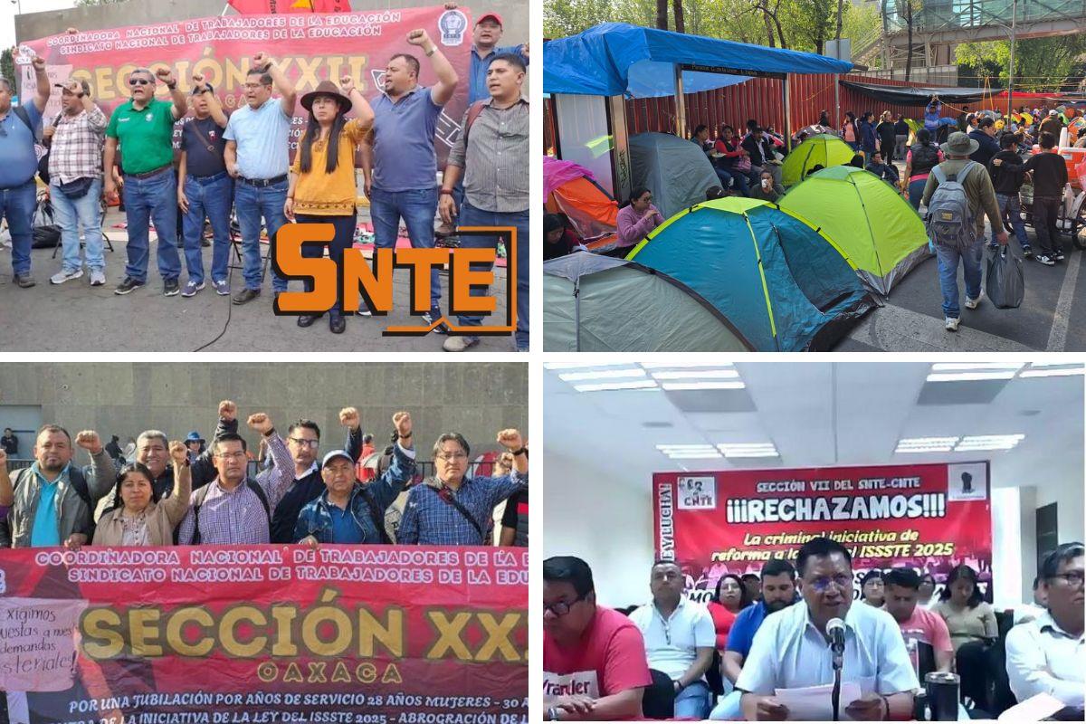 Trabajadores del SNTE y la CNTE en reuniones, marchas y bloqueos contra la reforma del ISSSTE. Foto: Mario Flores | Canva