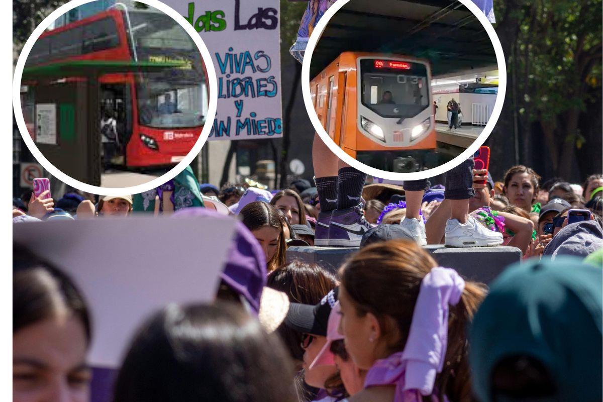 De fondo marcha conmemorativa por el Día Internacional de la Mujer 8M, Metro CDMX y Metrobús I Foto: Pexels X: (@MetrobusCDMX) (@MetroCDMX) I Canva