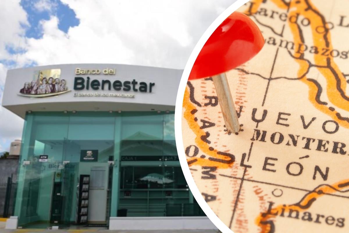 Un Banco del Bienestar y un mapa de Nuevo León. Foto: Canva