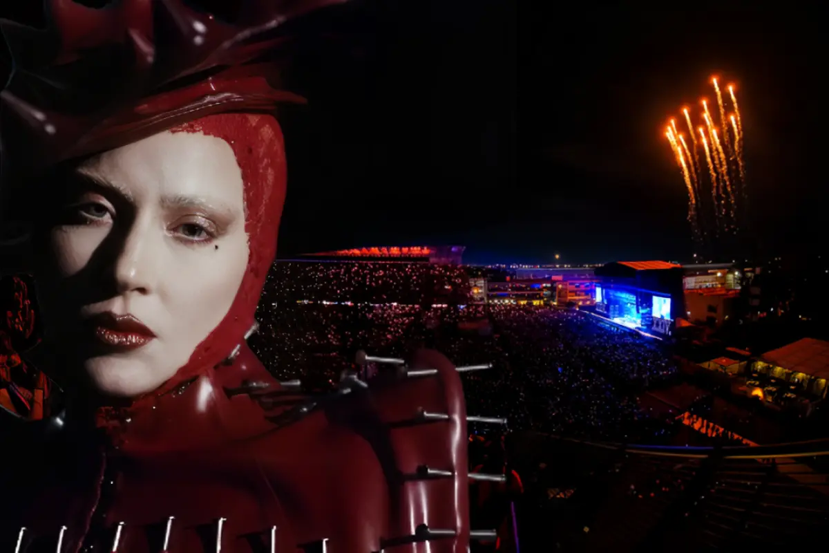 Lady Gaga frente al Estadio GNP Seguros de CDMX. Foto: FB (Estadio GNP Seguros) | Canva | Captura de Pantalla YT (Lady Gaga)