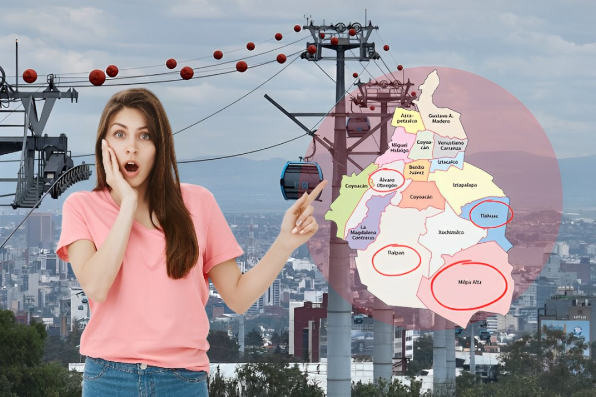 Mujer señalando un mapa de la CDMX que marca las alcaldías donde estarán las nuevas Líneas del Cablebús.     Foto: iStock | Freepik | Canva | FB (Cablebús CDMX)