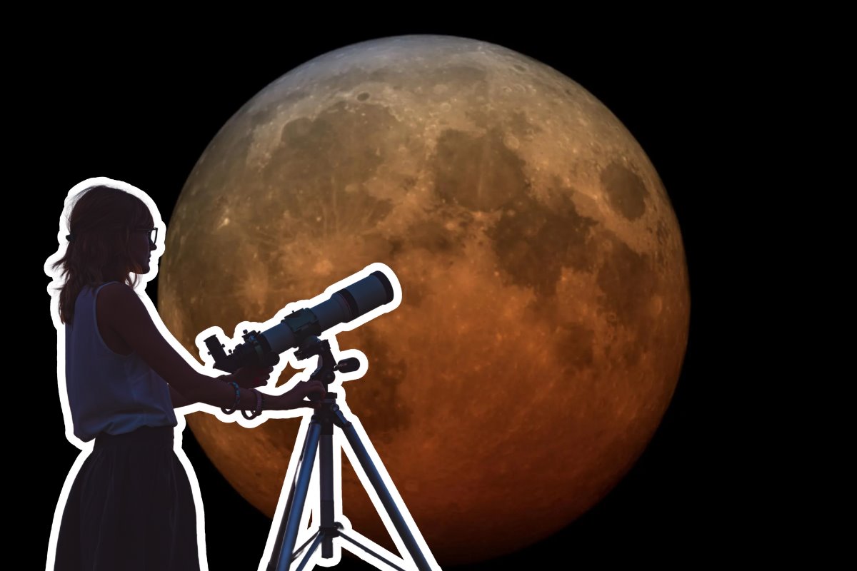 De fondo Eclipse Lunar total, persona con telescopio. Foto: NASA | Canva