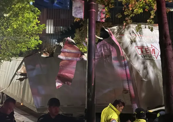 Conductora de tráiler derriba rama de árbol y provoca que su caja se parta en dos en la colonia Juárez en CDMX