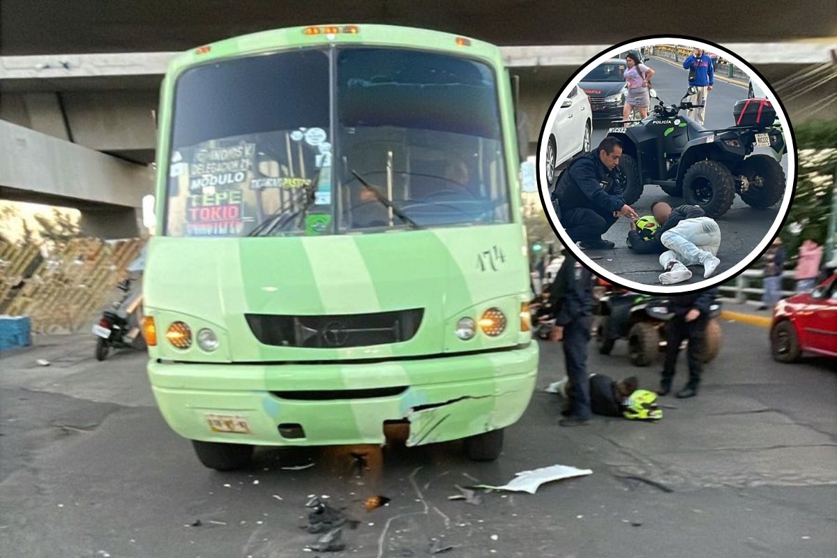 De fondo transporte público involucrado en el accidente, motociclista lesionado. Foto: Ramón Ramírez | Canva