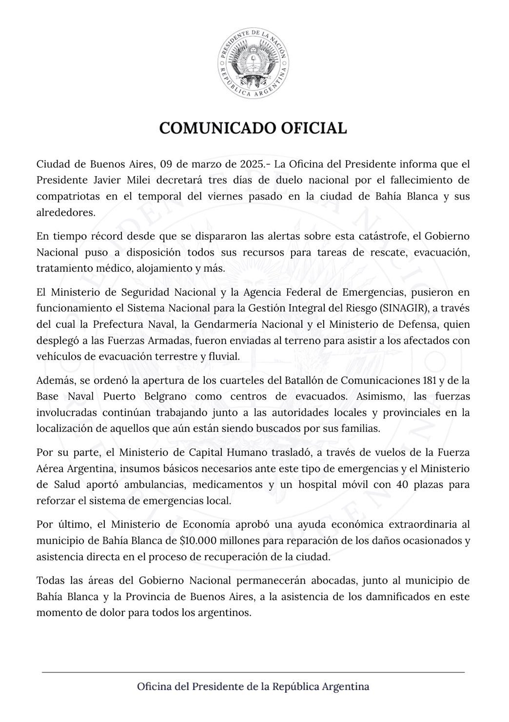 Decreto de duelo nacional por victimas de Bahía Blanca. Créditos: Oficina del Presidente de la República Argentina. 