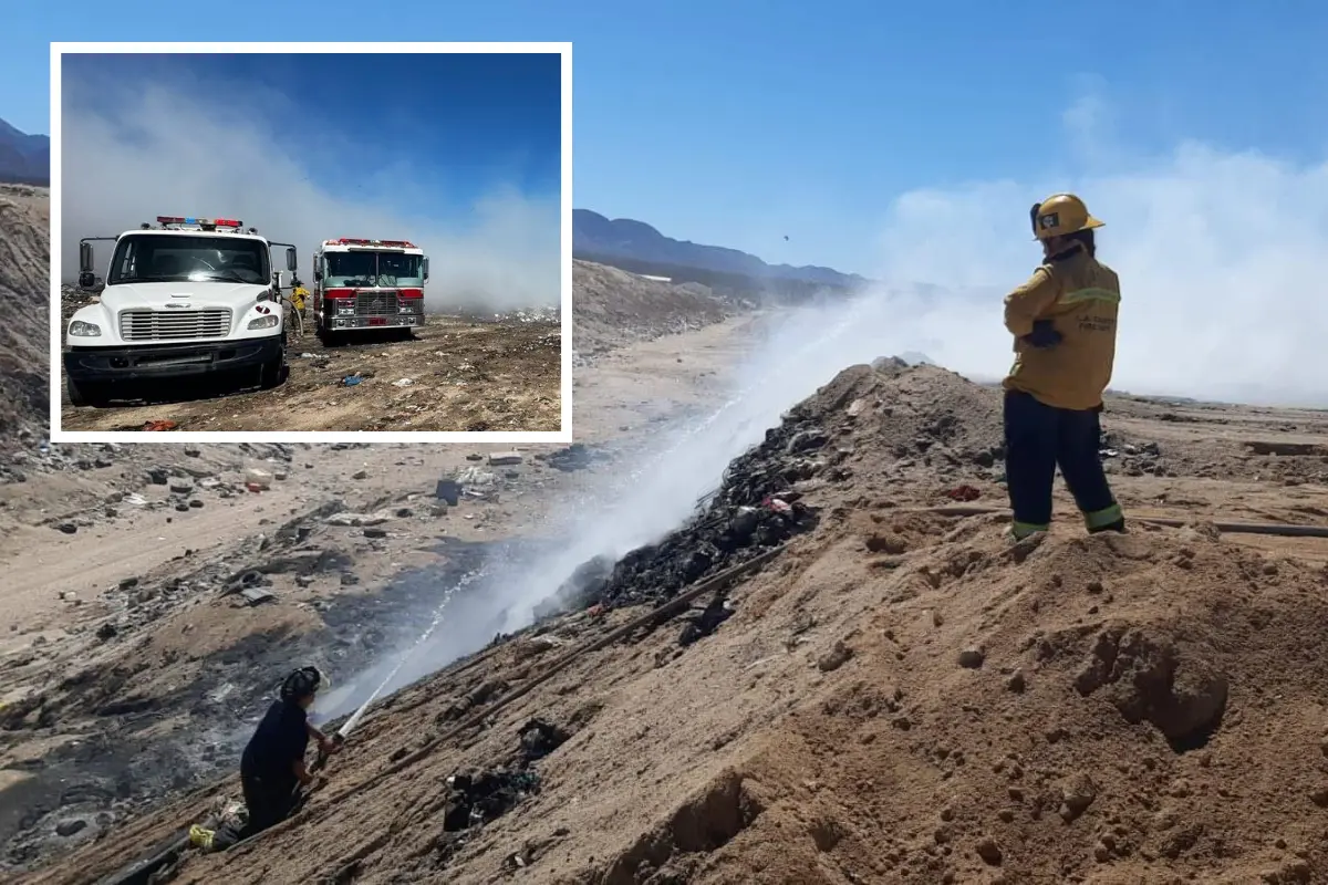 Bomberos realizando labores de contención en el relleno sanitario de La Paz. Foto: Canva.