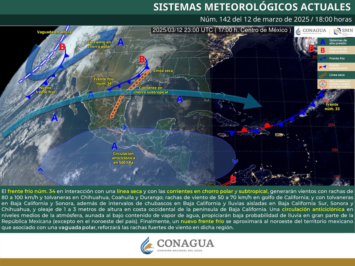 Rachas de viento muy fuertes a intensas en el norte del país, además de chubascos en Baja California. Créditos: CONAGUA. 