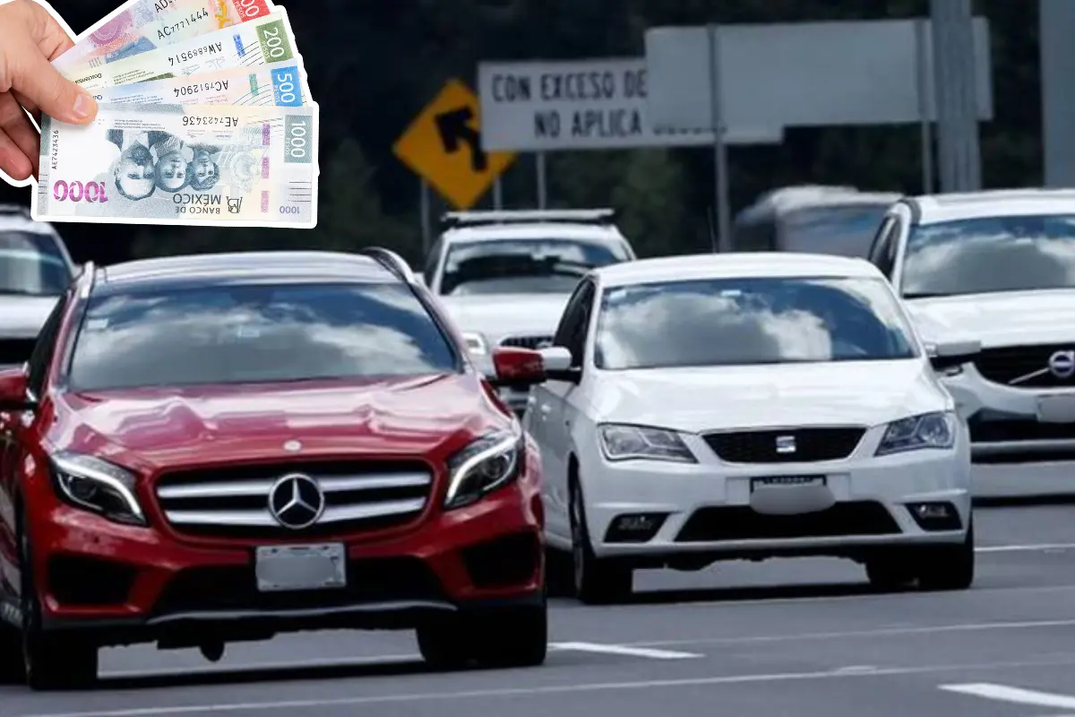 De fondo automóviles de CDMX y billetes para pagar tenencia. Foto: Gobierno CDMX | Canva