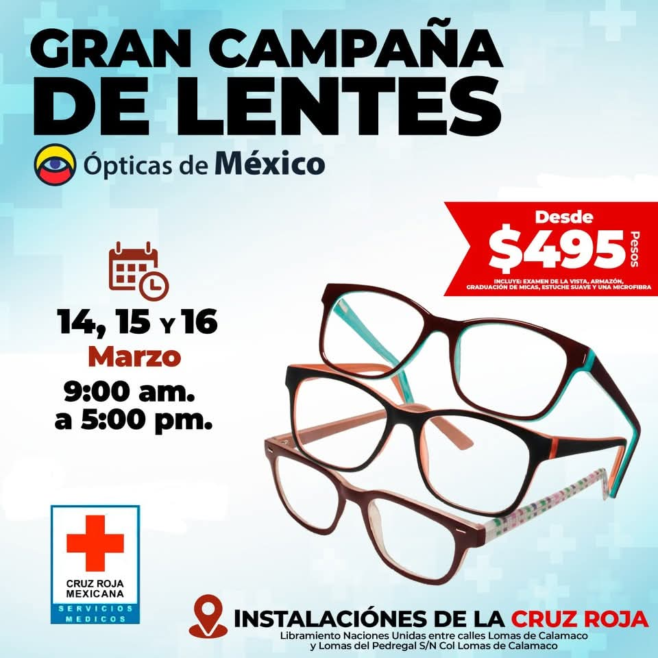 Con el objetivo de ayudar a la población a mejorar su visión la Cruz Roja Mexicana Tamaulipas ha iniciado nuevamente un a campaña de lentes. Foto: Redes sociales