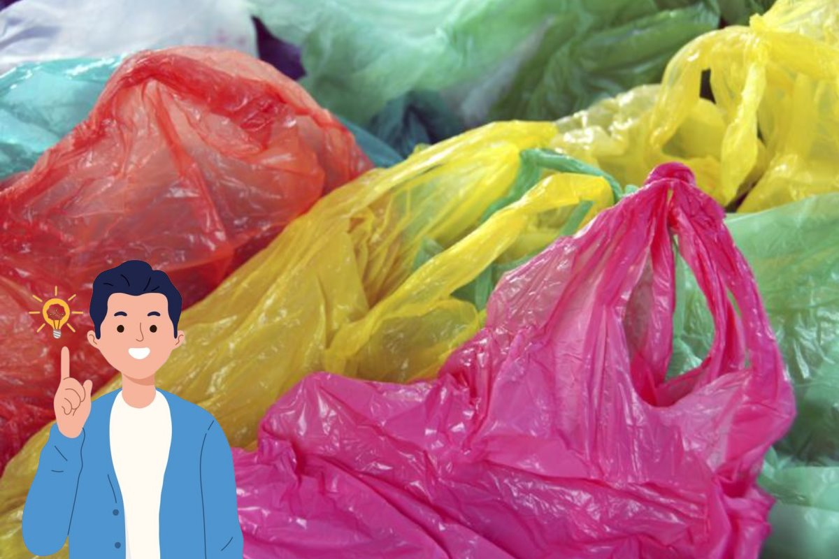 Bolsas de plástico y chico con buena idea. Foto: Recicla electrónicos México y Freepik | Canva