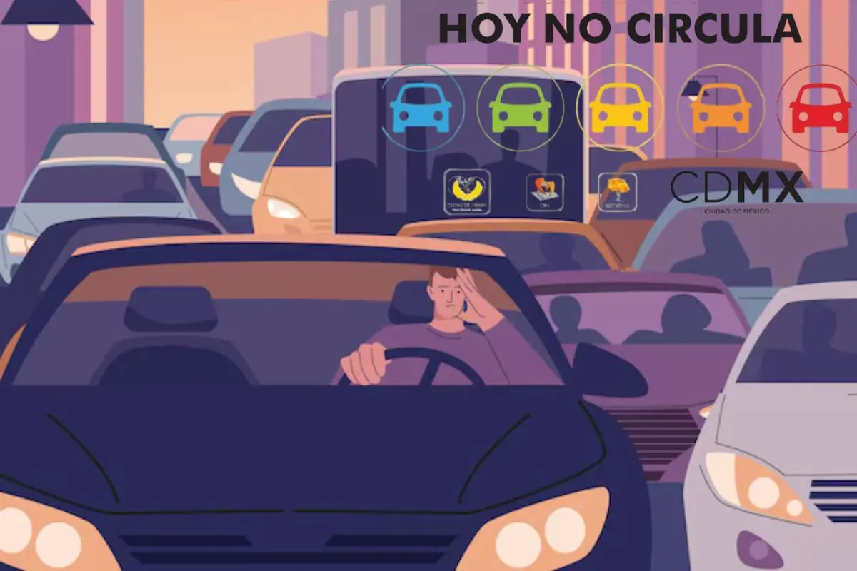 Animación de tráfico en CDMX, logo Hoy No Circula      Foto: Freepik I Canva