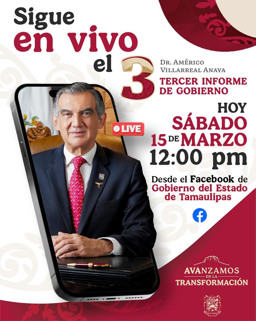 Sigue en vivo el tercer Informe de Gobierno del Gobernador Américo Villarreal Anaya. Foto: Gobierno del Estado