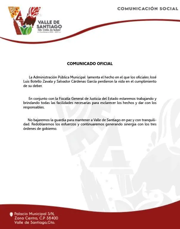 imagen recuadro El comunicado emitido por la administración municipal de Valle de Santiago. Foto: Cortesía