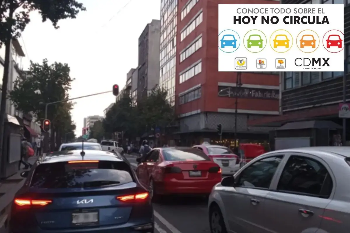 Autos circulando en CDMX, logo programa Hoy No Circula. Foto: @OVIALCDMX