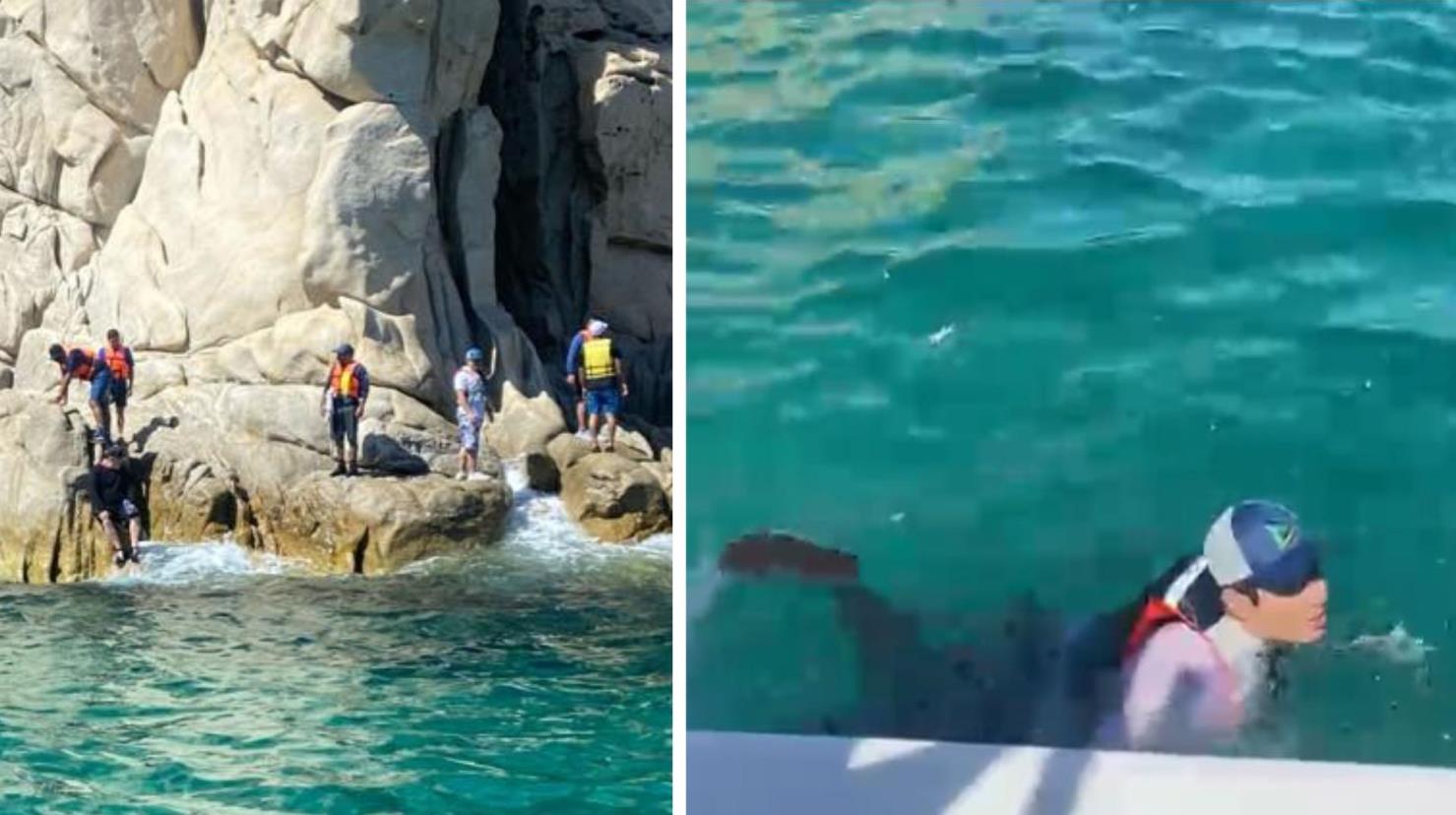 Un grupo de turistas quedó varado en el Arco de Cabo San Lucas debido a las fuertes corrientes marinas, pero afortunadamente fueron rescatados a tiempo por FONMAR. Foto: FONMAR BCS