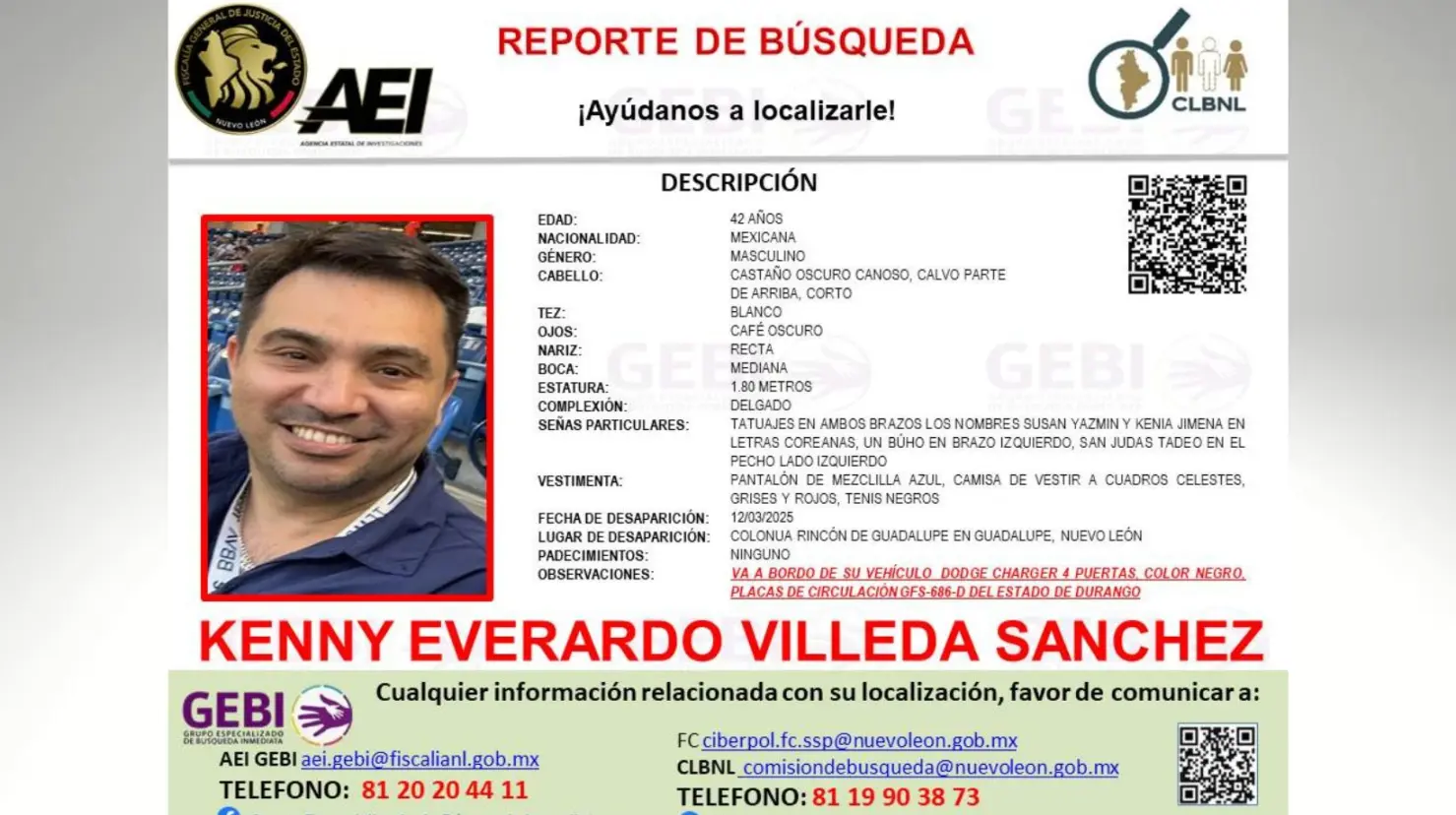 Ficha de búsqueda de Kenny Everardo, desaparecido desde el pasado 12 de marzo. (Fotografía: AEI)