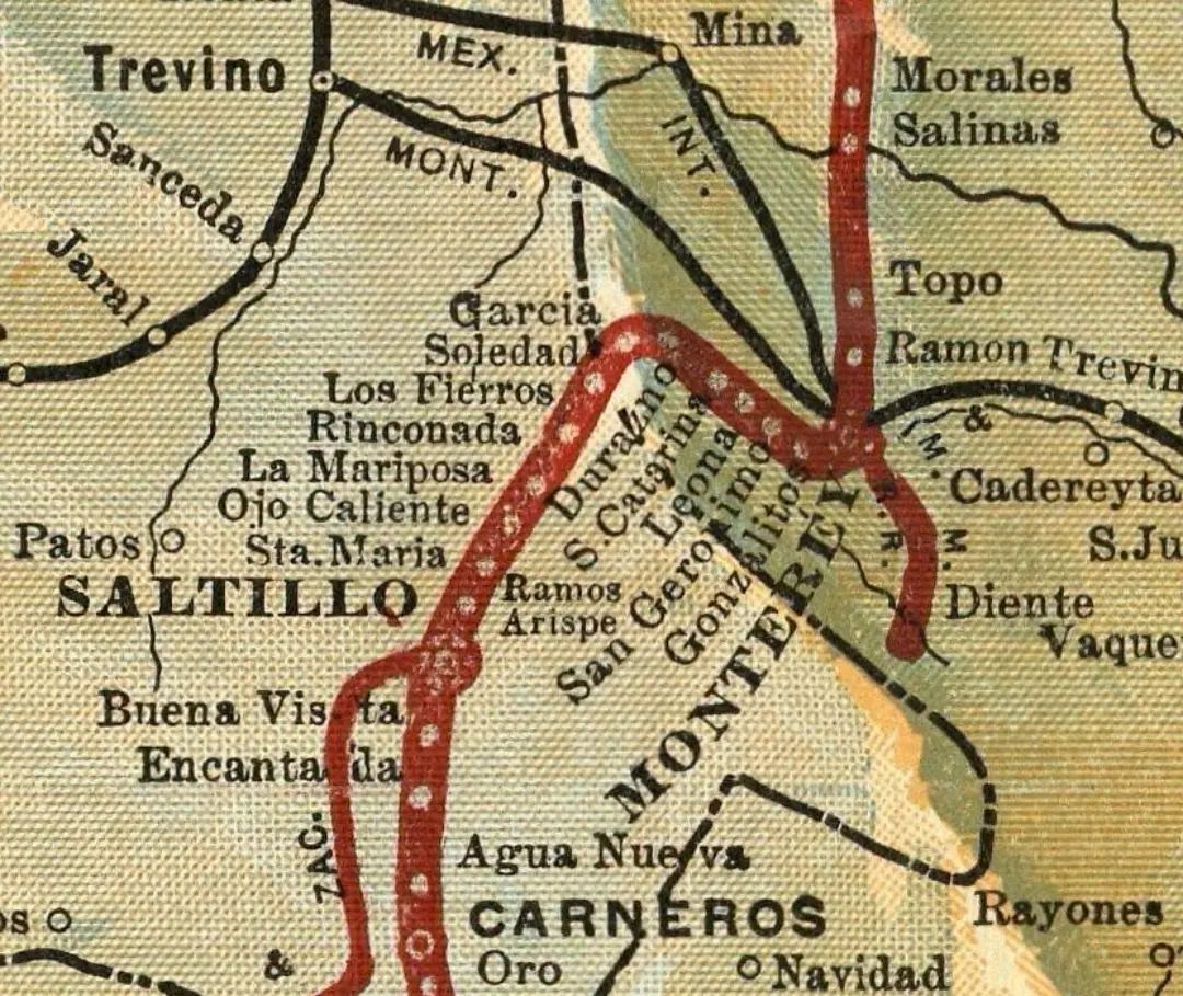 Mapa de ruta de tren de pasajeros Saltillo-Monterrey / Foto:  FB Mapoteca de México